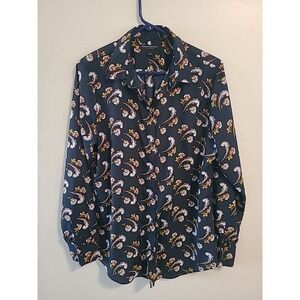 Banana Republic Floral Dillon Womens‎ Shirt SIZE L Dark Blue Ruffled Cuff